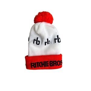 Ritchie Bros Beanie White Orange Pom Winter Hat RB Logo Knit Cap
